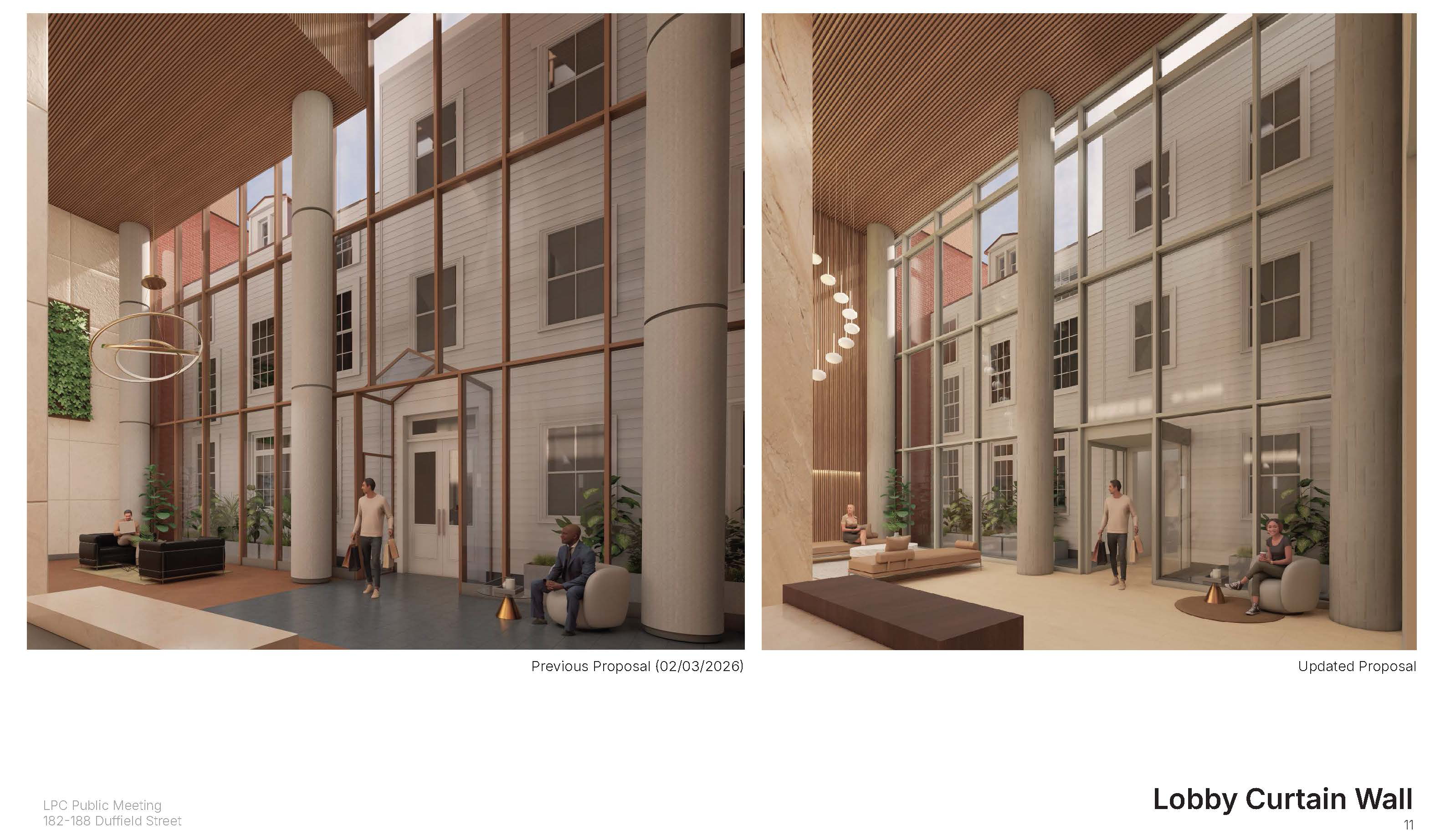 rendering showing a lobby with view of historic houses