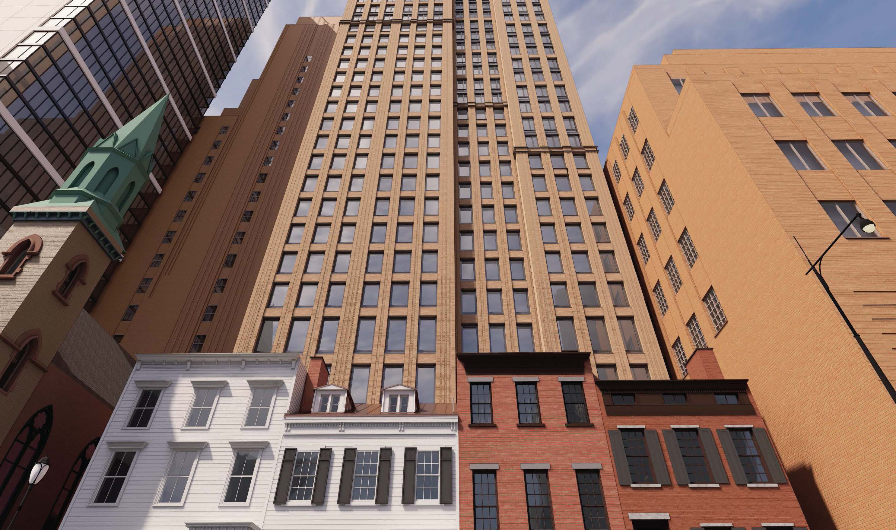 rendering of a tower above row houses