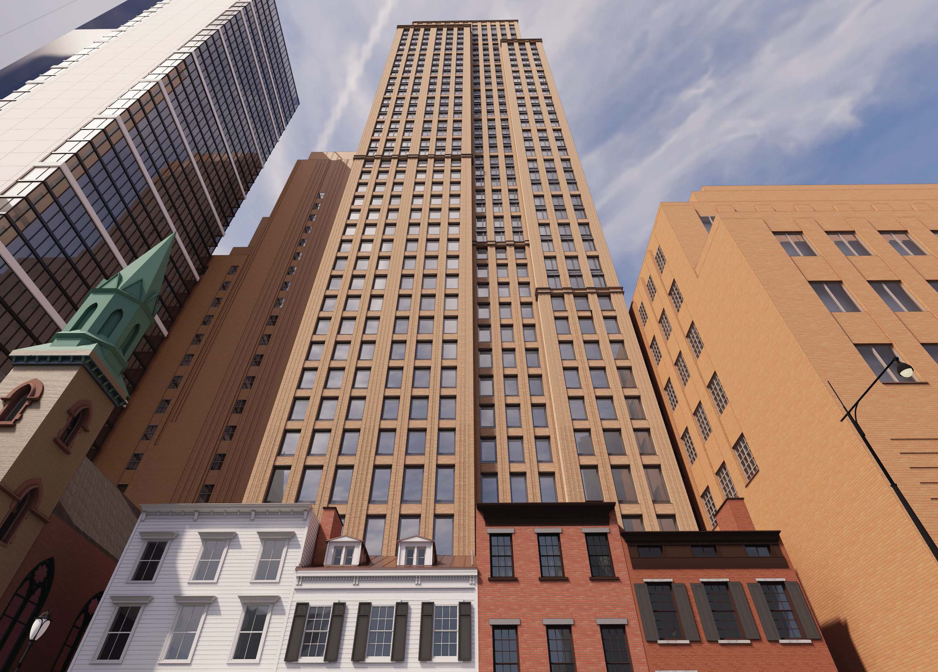 rendering showing a tower behind row houses