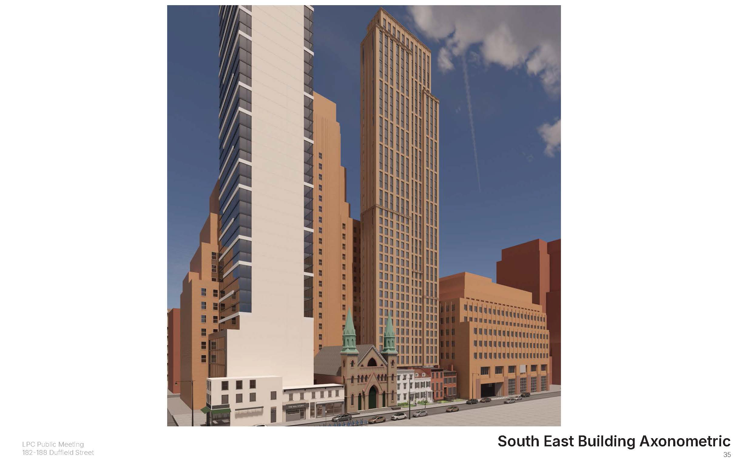 rendering showing height of tower behind row houses