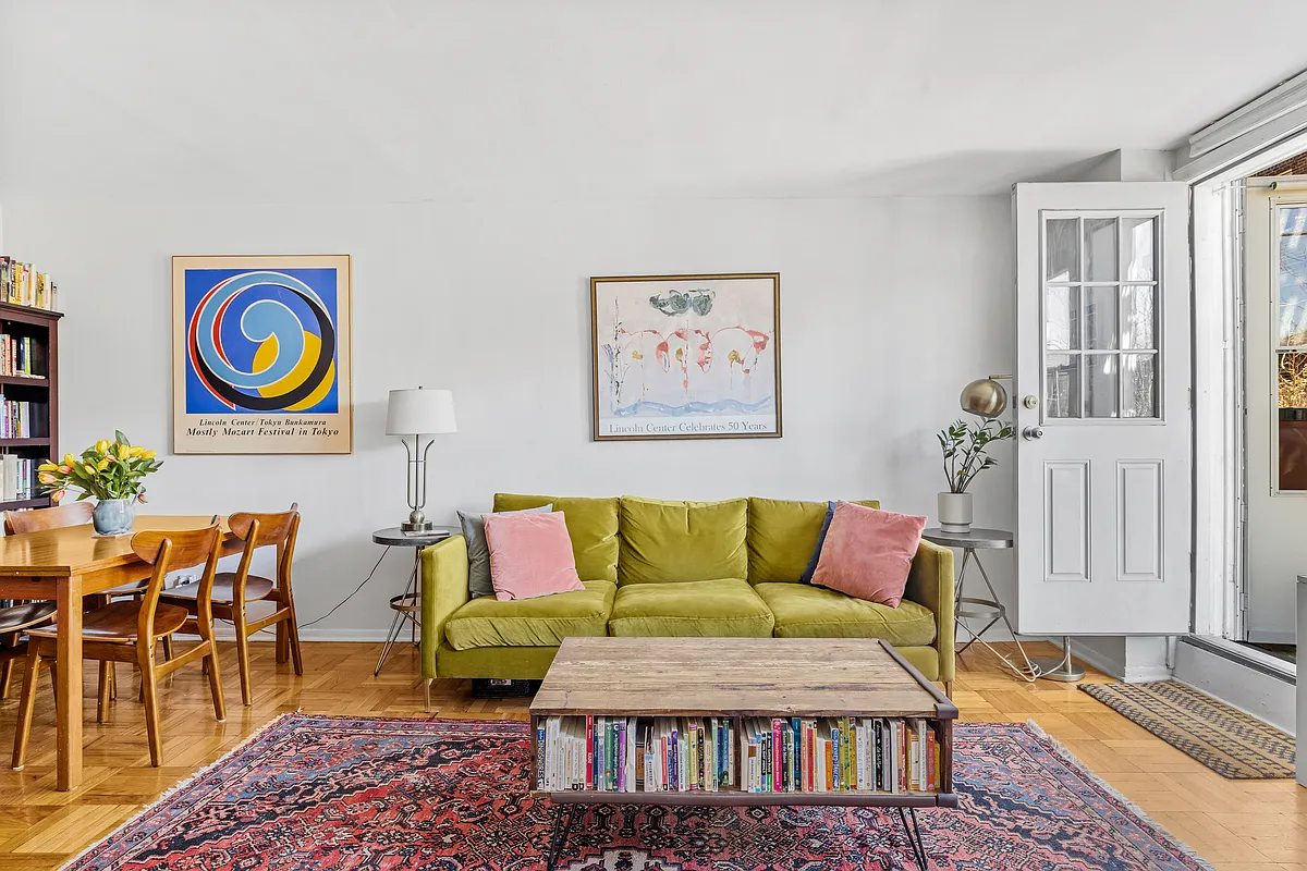 living room with parquet floor, white walls