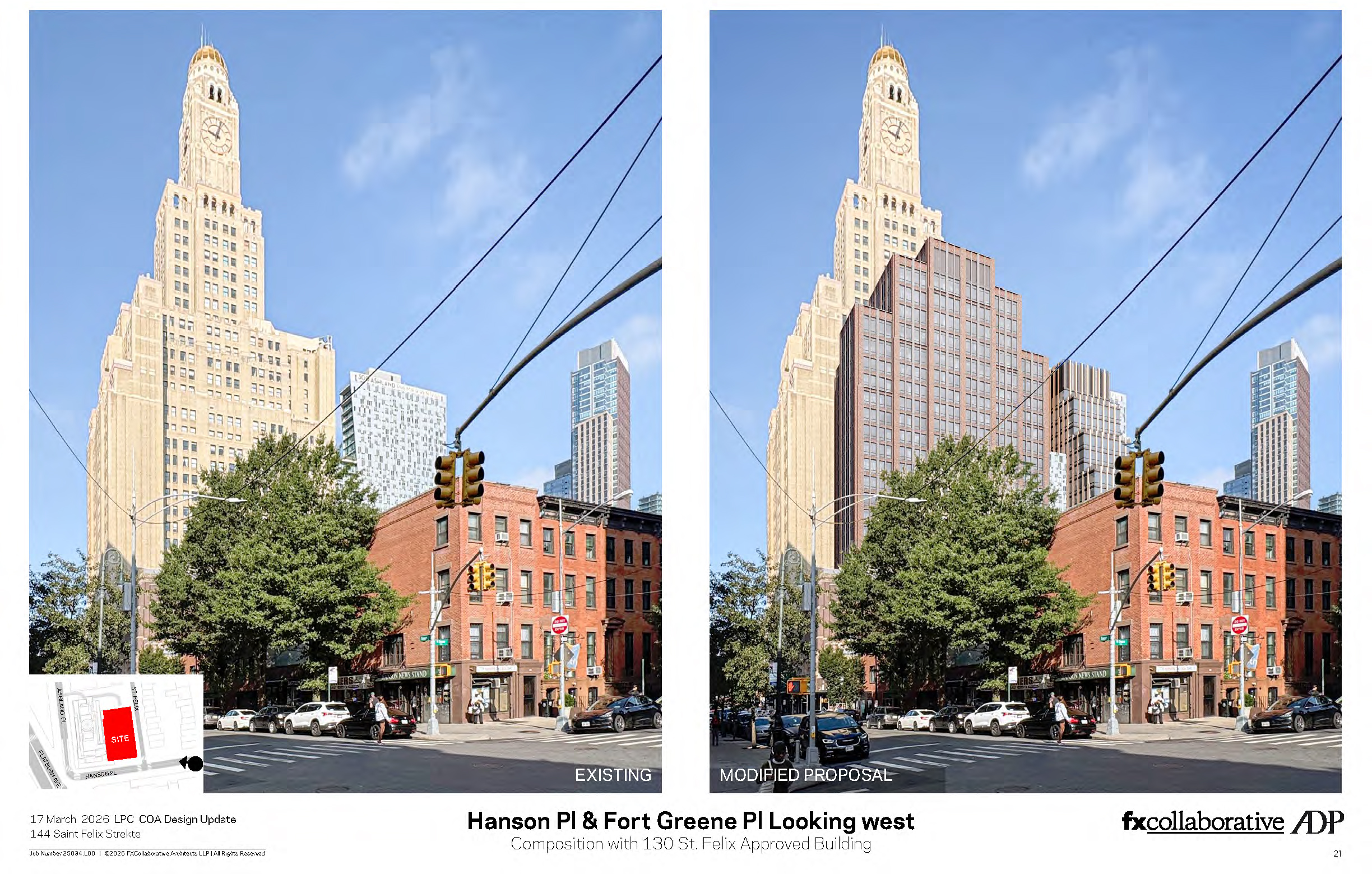 rendering showing proposed tower behind row houses