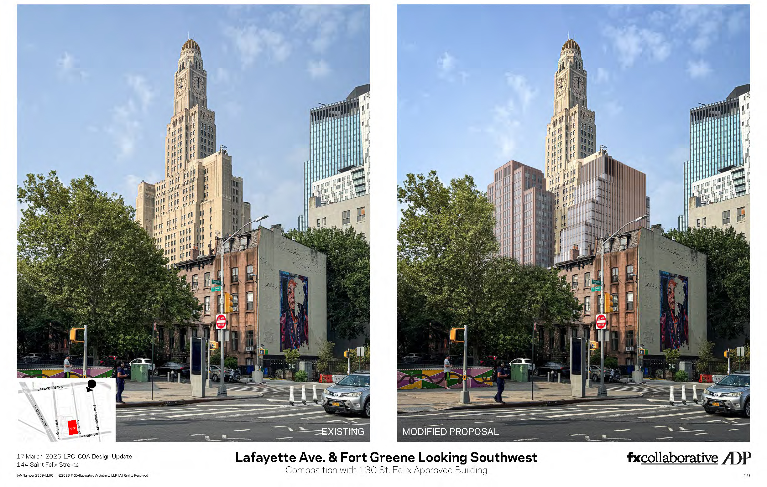 view of rowhouses with and without a tower behind them