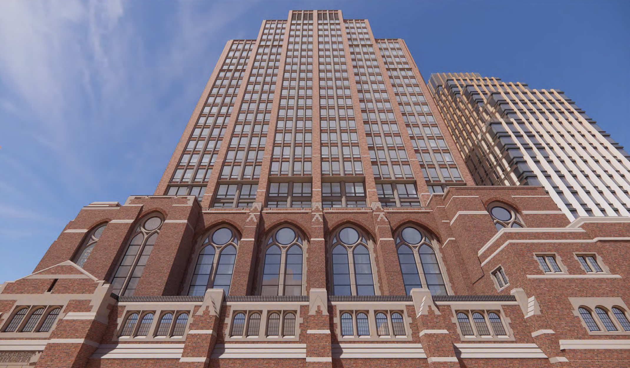 rendering of a tower rising out of a church
