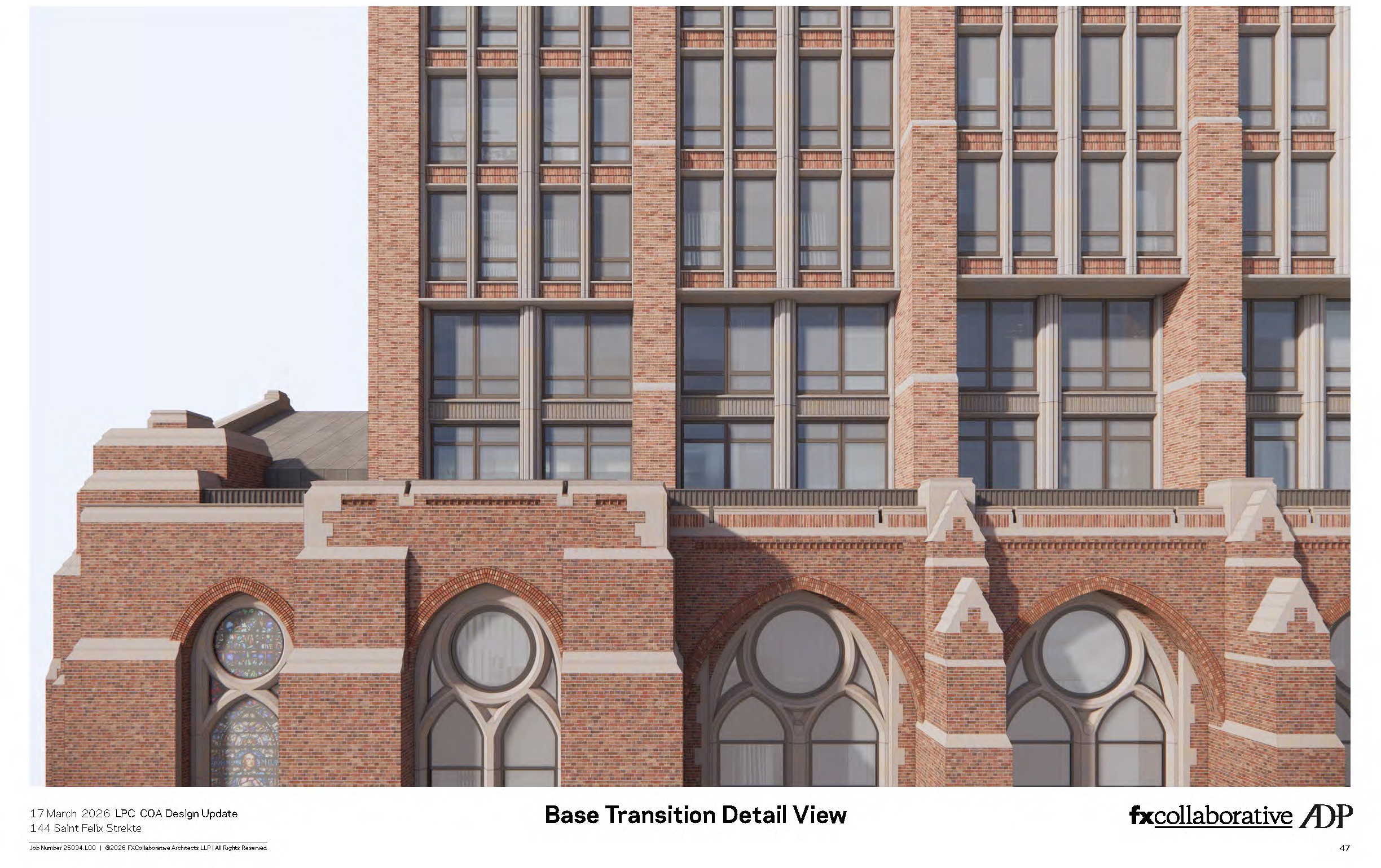 rendering of brick church and brick tower above