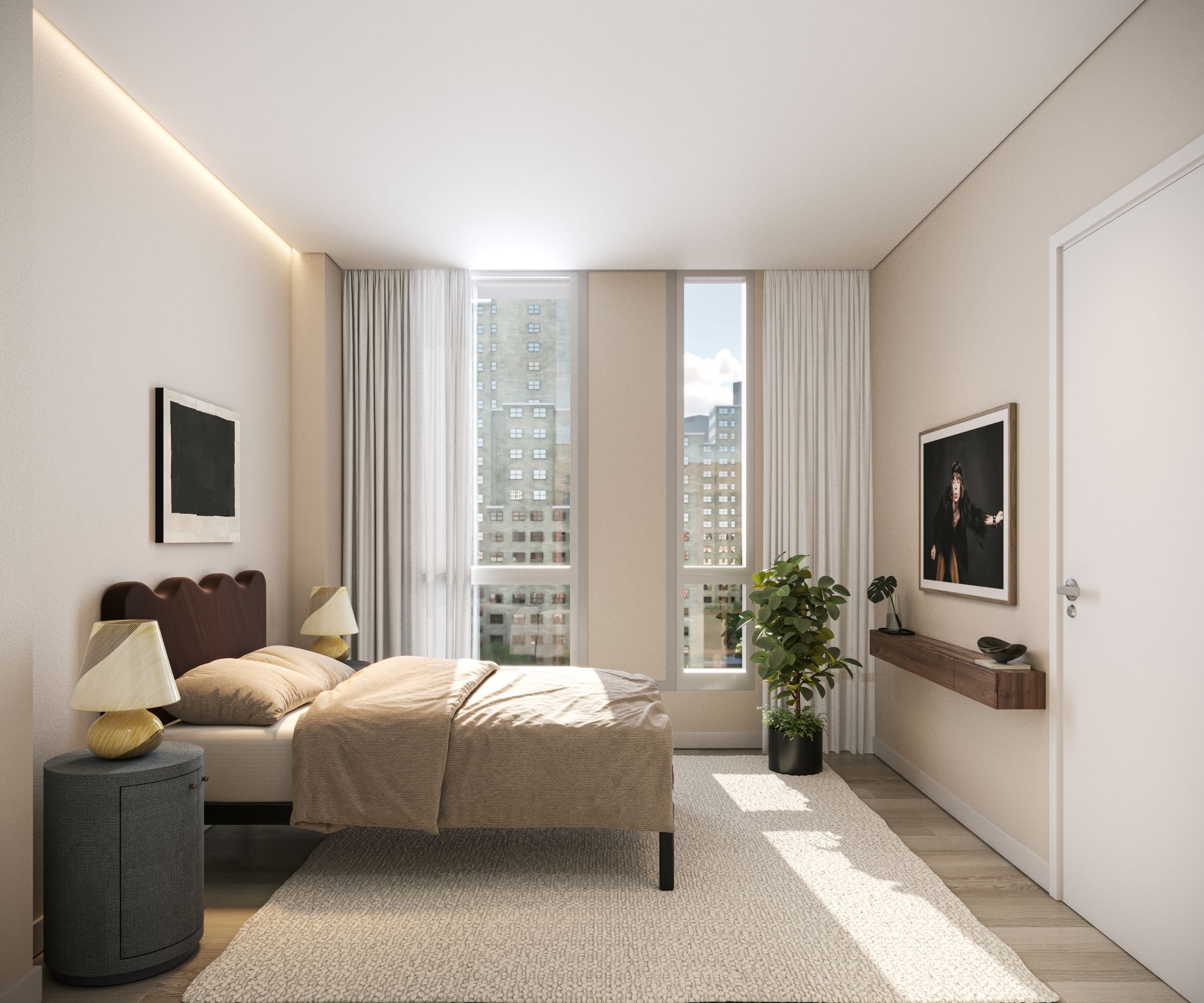 rendering of a bedroom with floor to ceiling windows