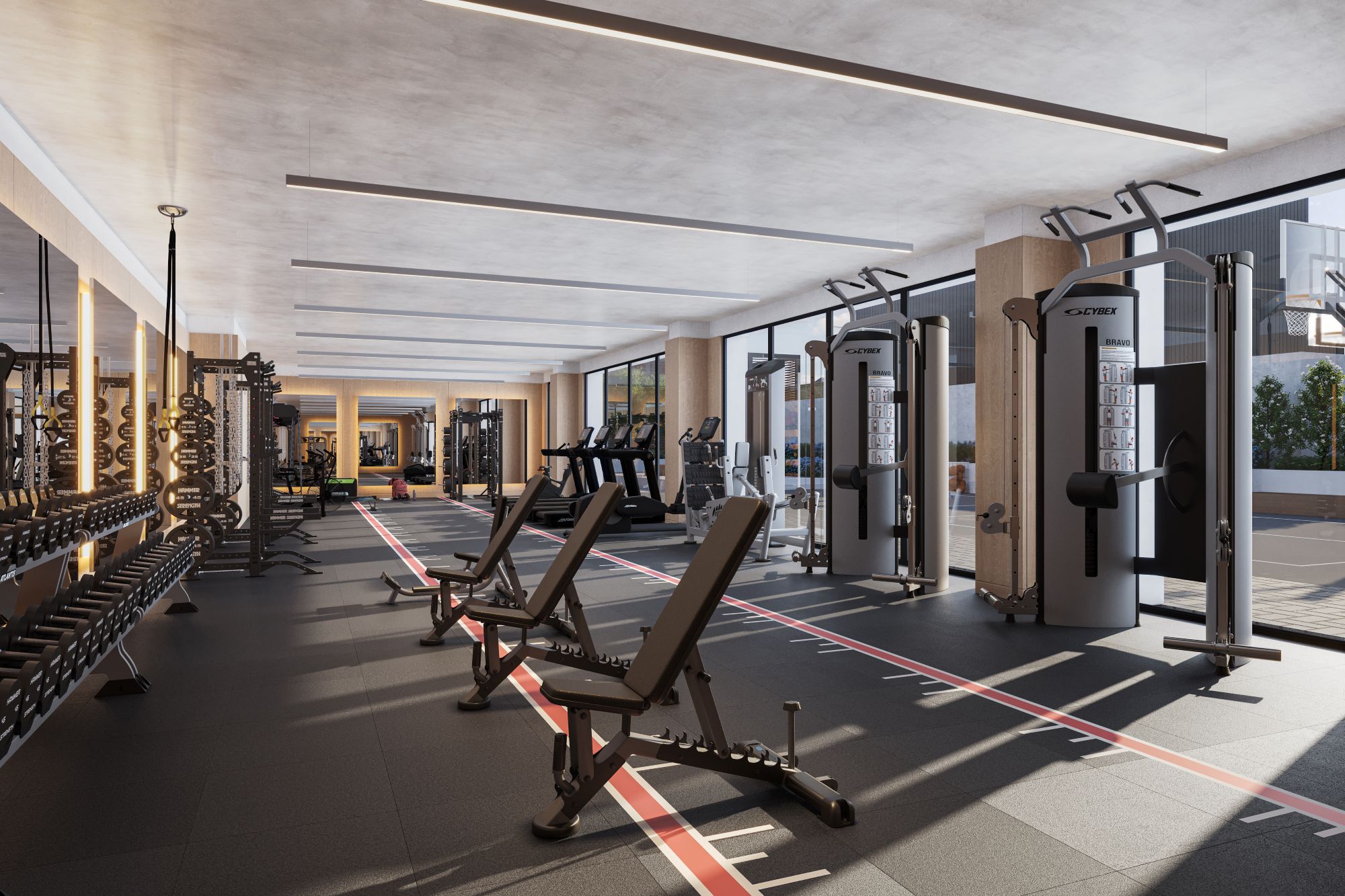 rendering of a gym with equipment and floor to ceiling windows