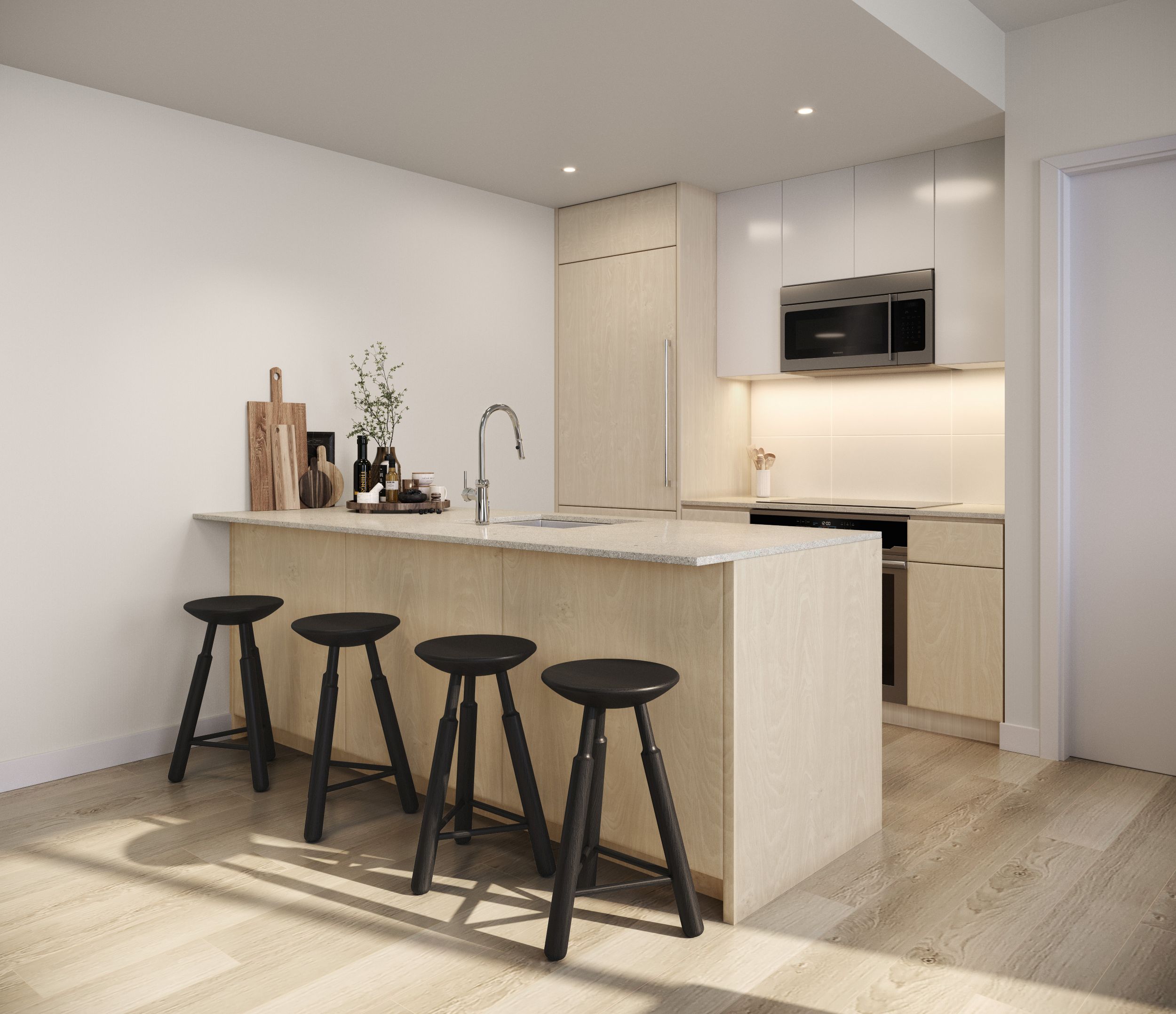 kitchen with a peninsula with bar seating