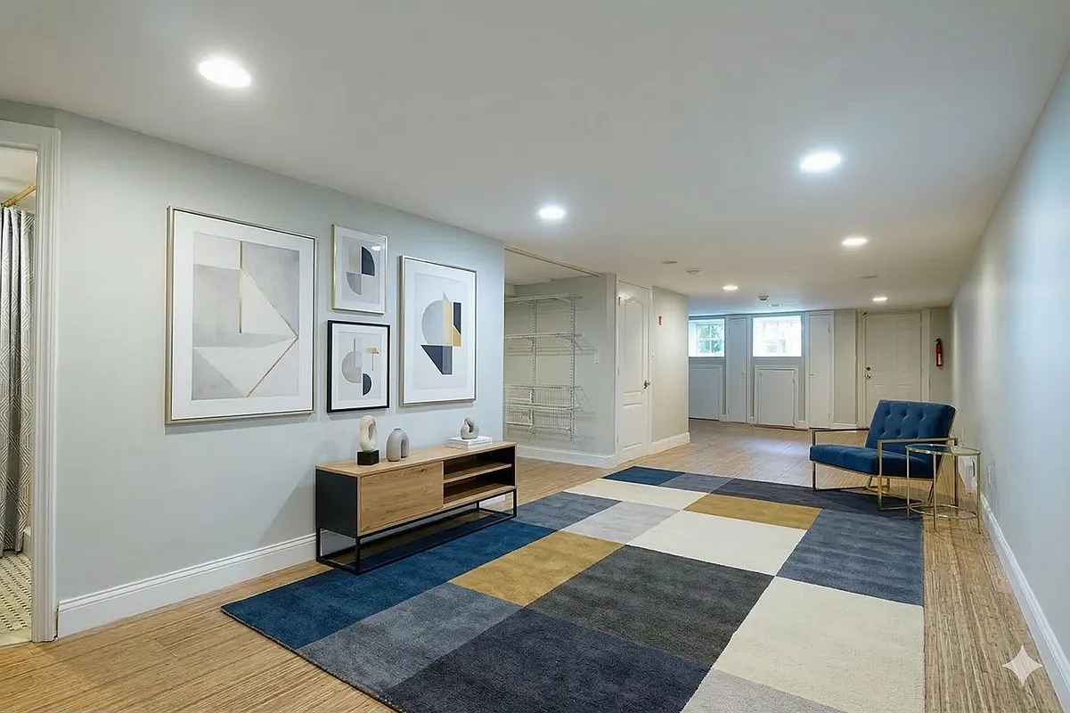 garden level living room with recessed lighting