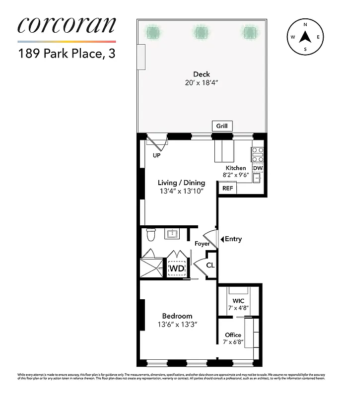 floorplan showing one bedroom unit with an open living room and kitchen and a large private terrace