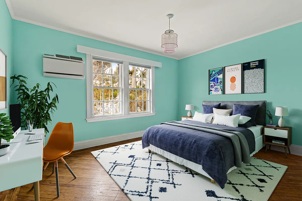 bedroom with aqua walls