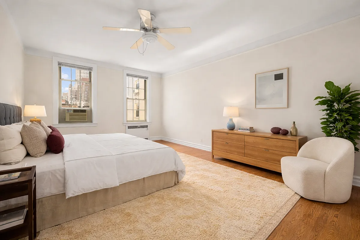 virtually staged bedroom with ceiling fan, two windows
