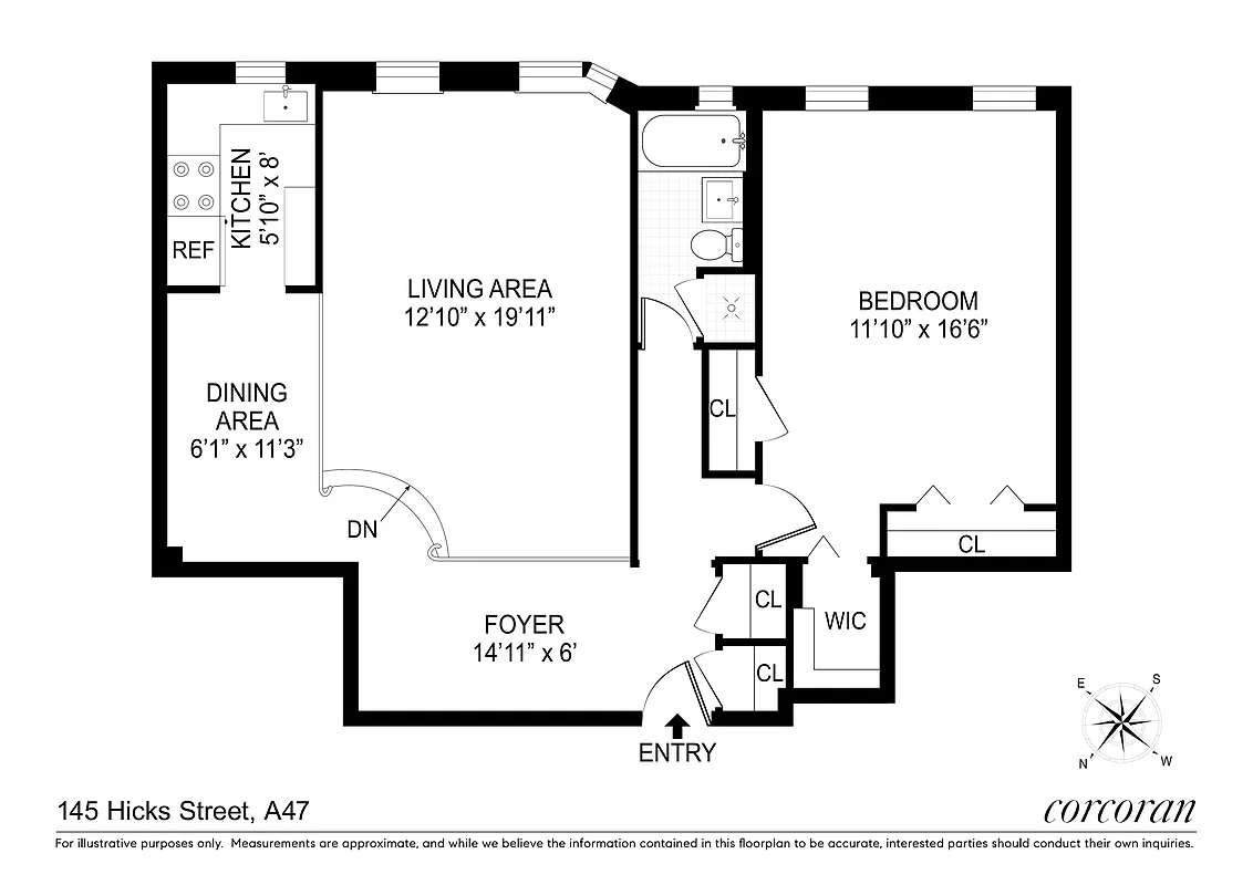 floorplan showing bedroom on one side and kitchen on the other side of the unit