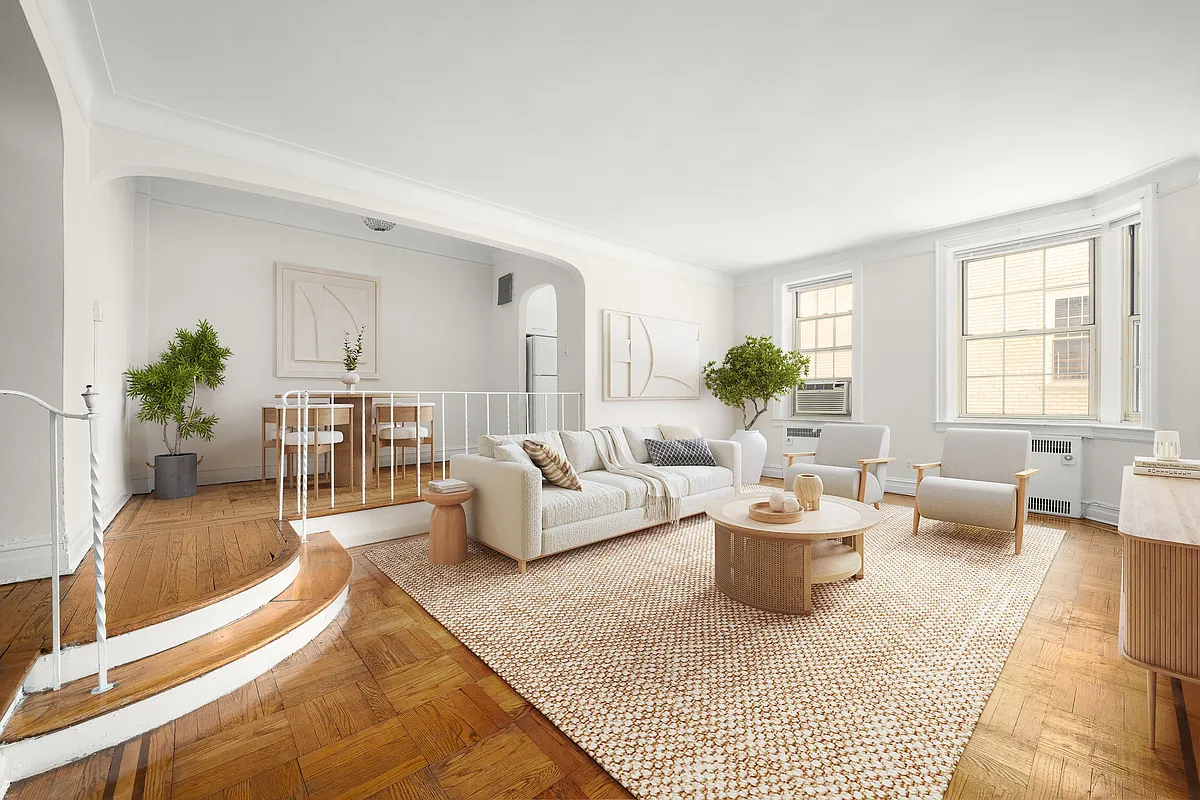 virtually staged sunken living room with sofa