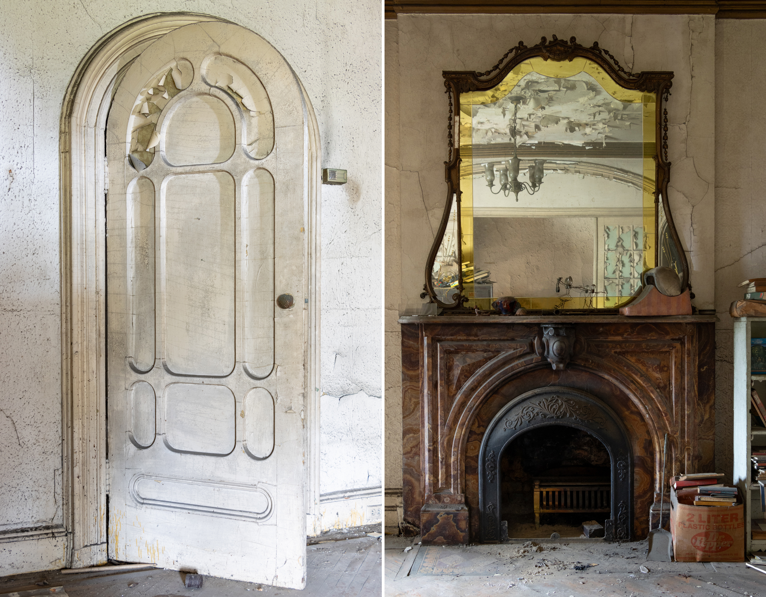 a collage with a marble mantel and a painted door