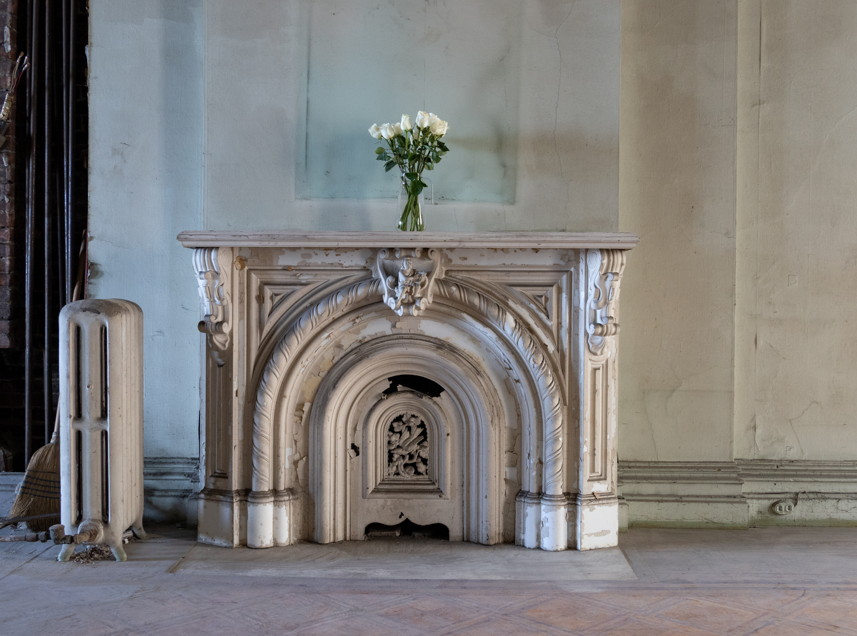 marble mantel with flowers