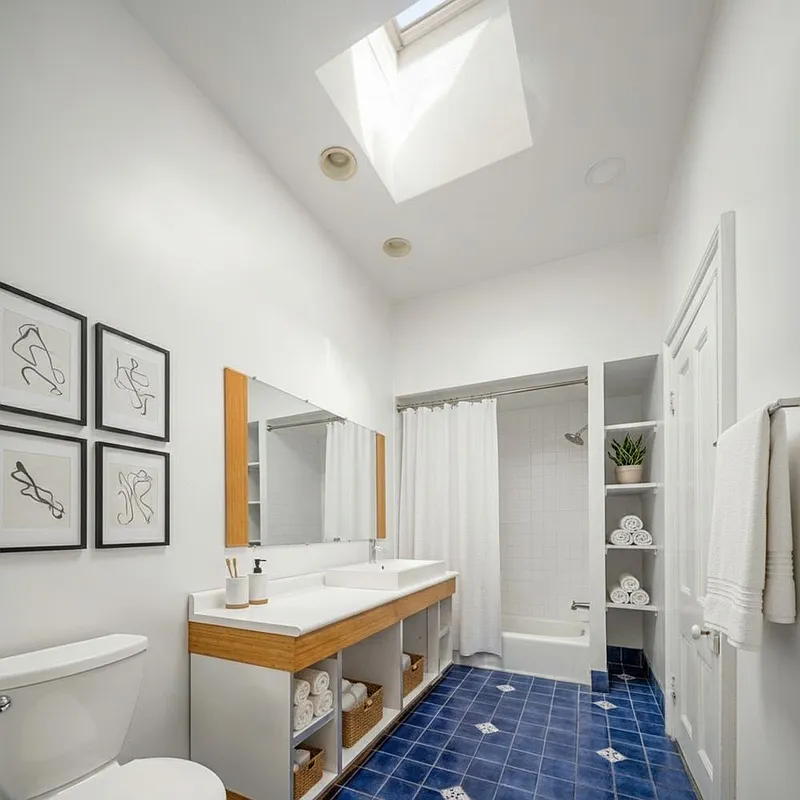 bathroom with skylight, blue floor tile