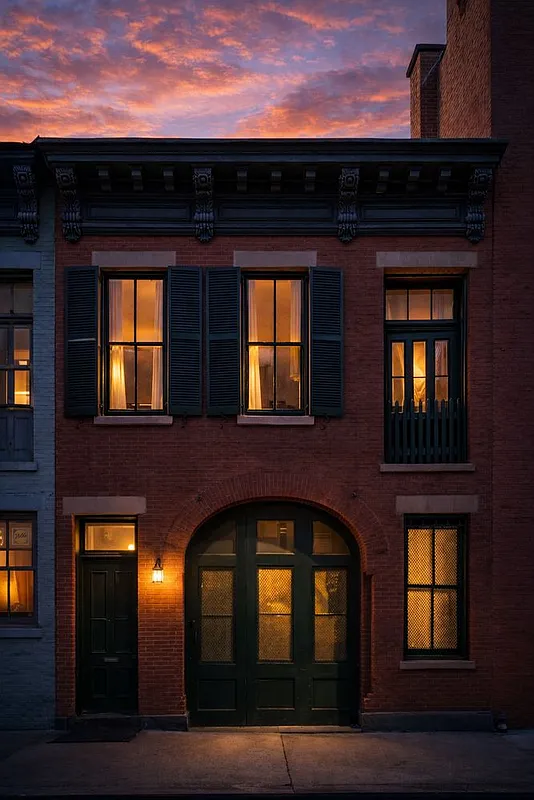 nighttime view of brick carriage house
