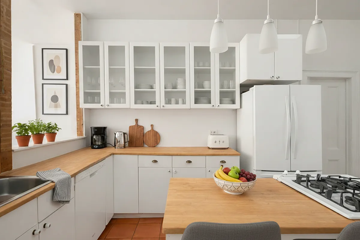 kitchen with white cabinets, butcher block countertop