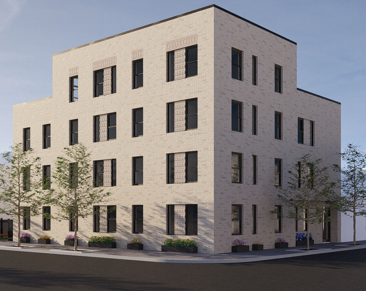 rendering of a mult--story brick building on a corner