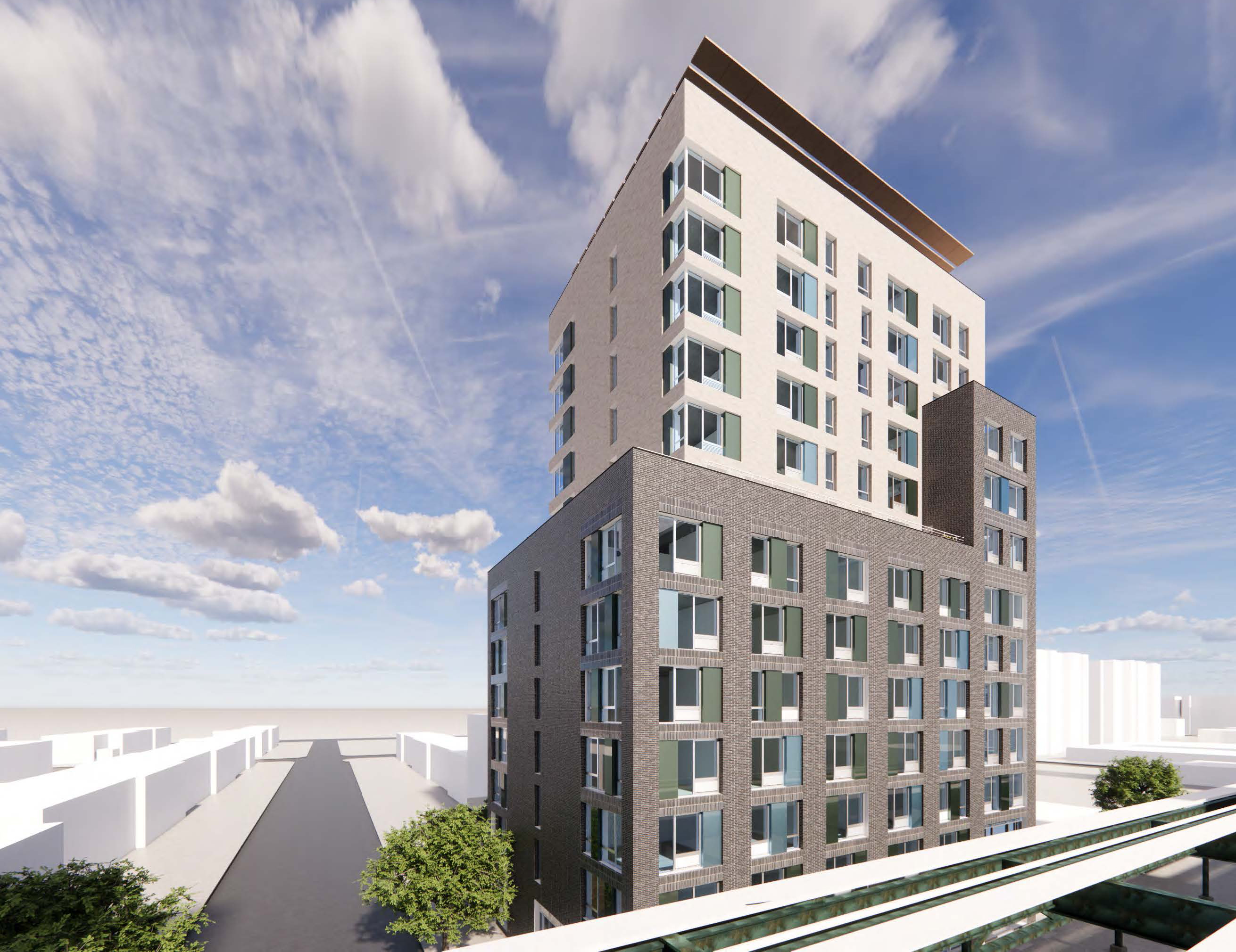 brownsville - rendering of a multi-story building with a gray brick base