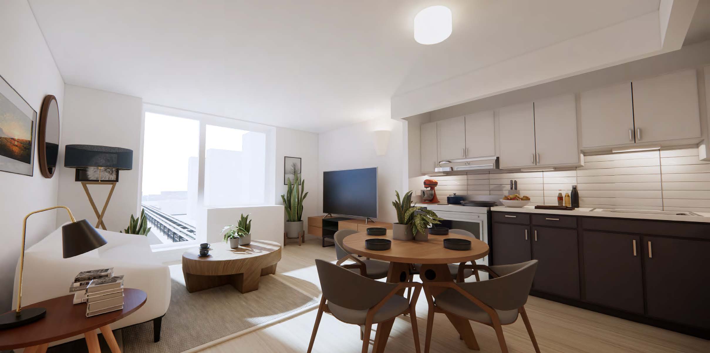 rendering an open plan living room and kitchen