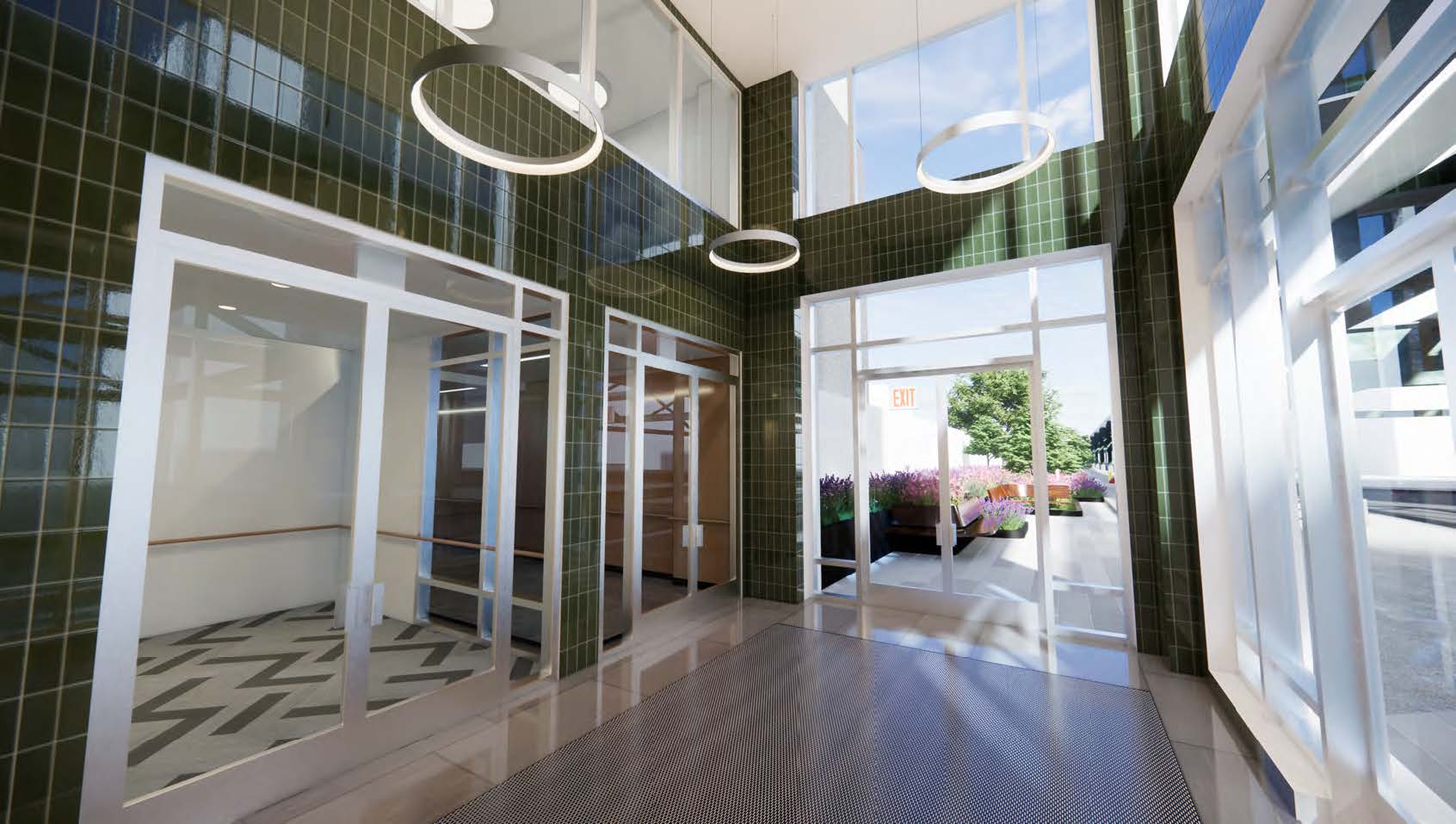 rendering of the entry with green tile on walls