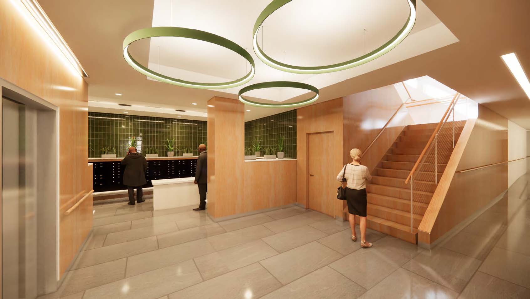 Rendering of a lobby with circular lighting fixtures