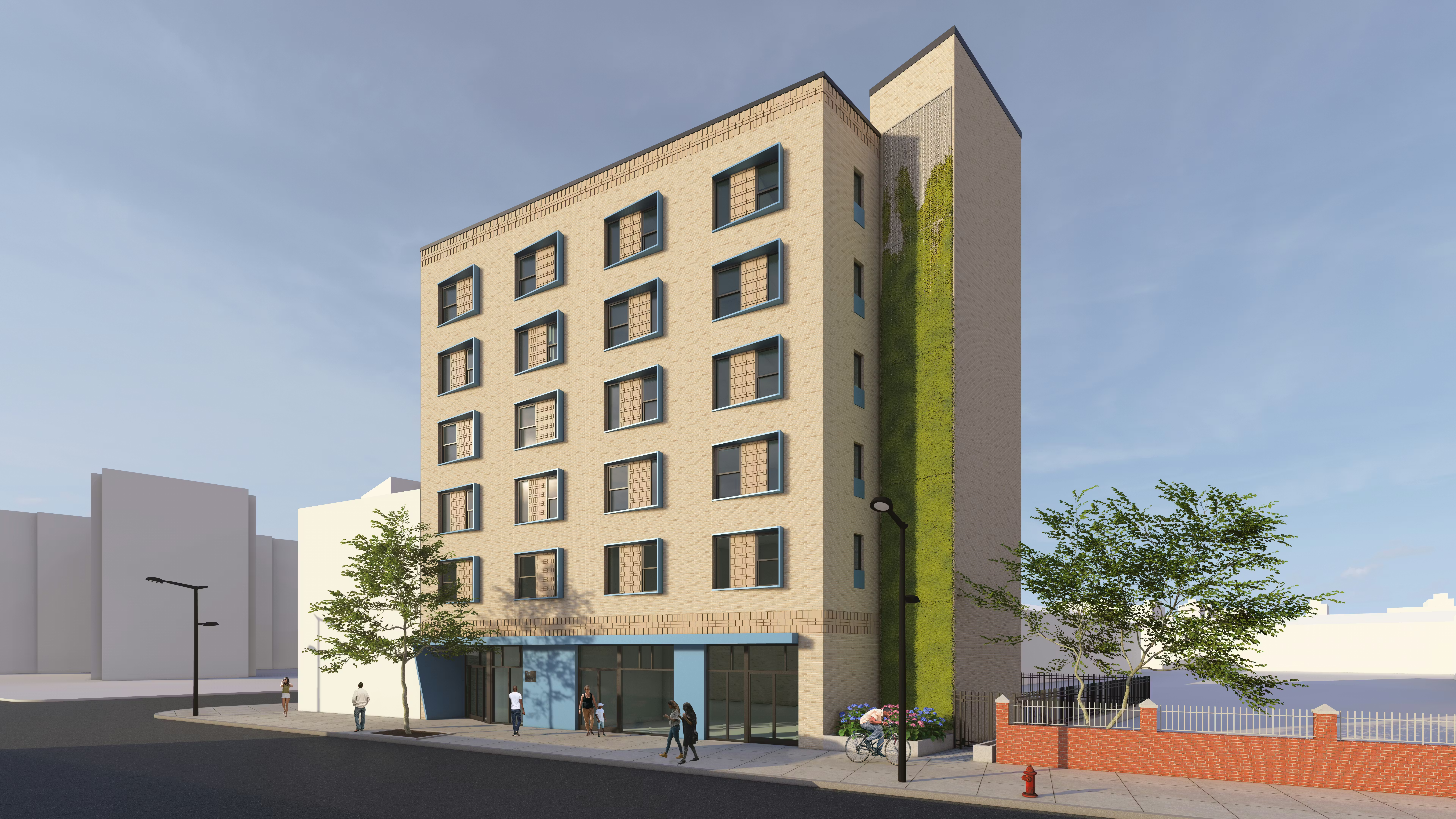 rendering of a light brick multi-story building with bright blue accents