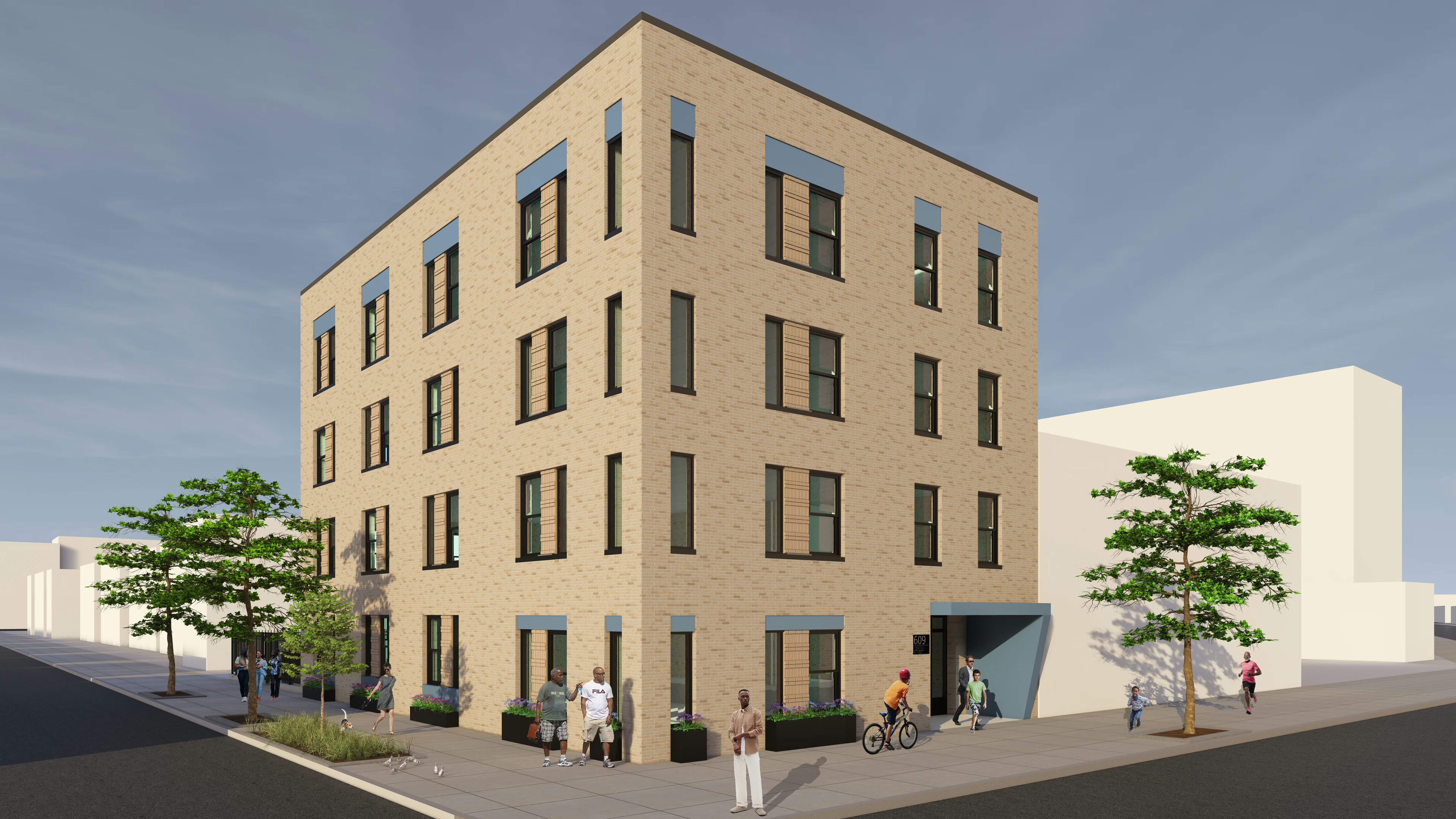 rendering of a light brick multi-story, corner building with blue/gray accents