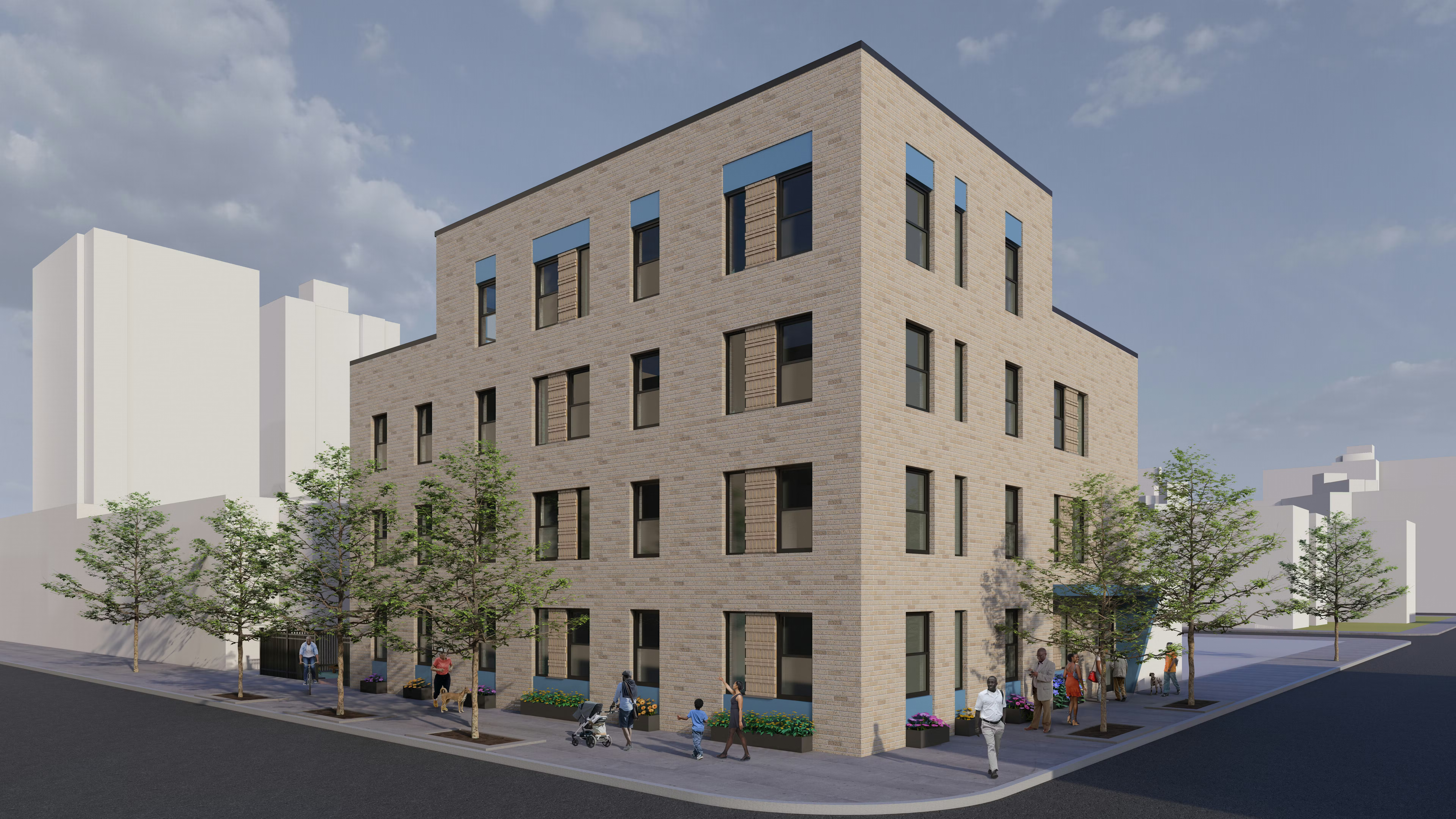 rendering of a light brick multi-story, corner building with bright blue accents