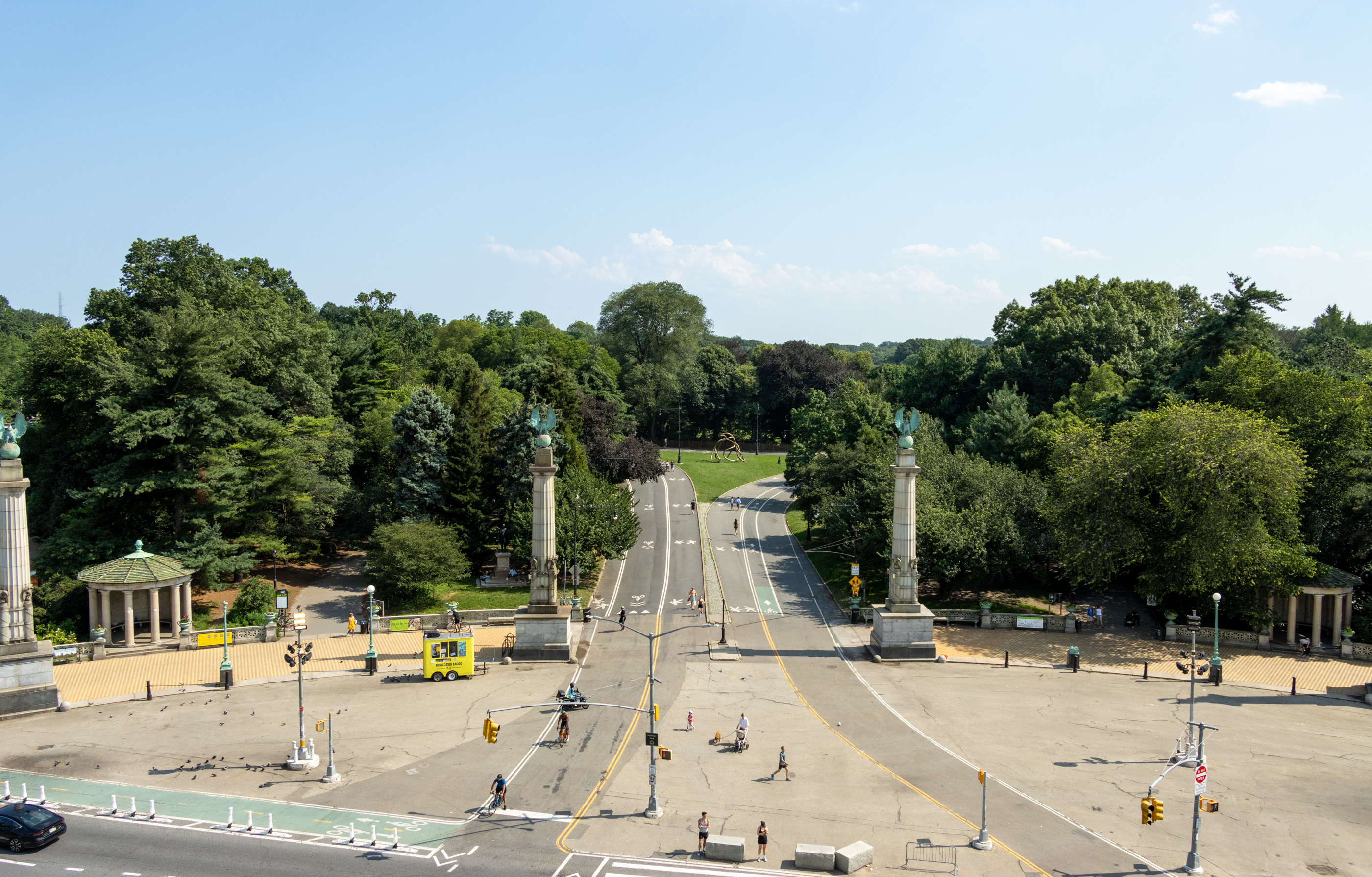 aerial view of pedestrians and the park