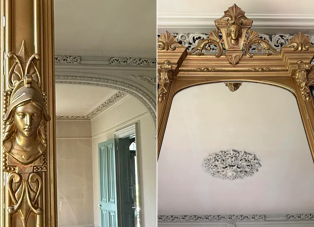 gilded pier mirror with faces ornamenting the surround