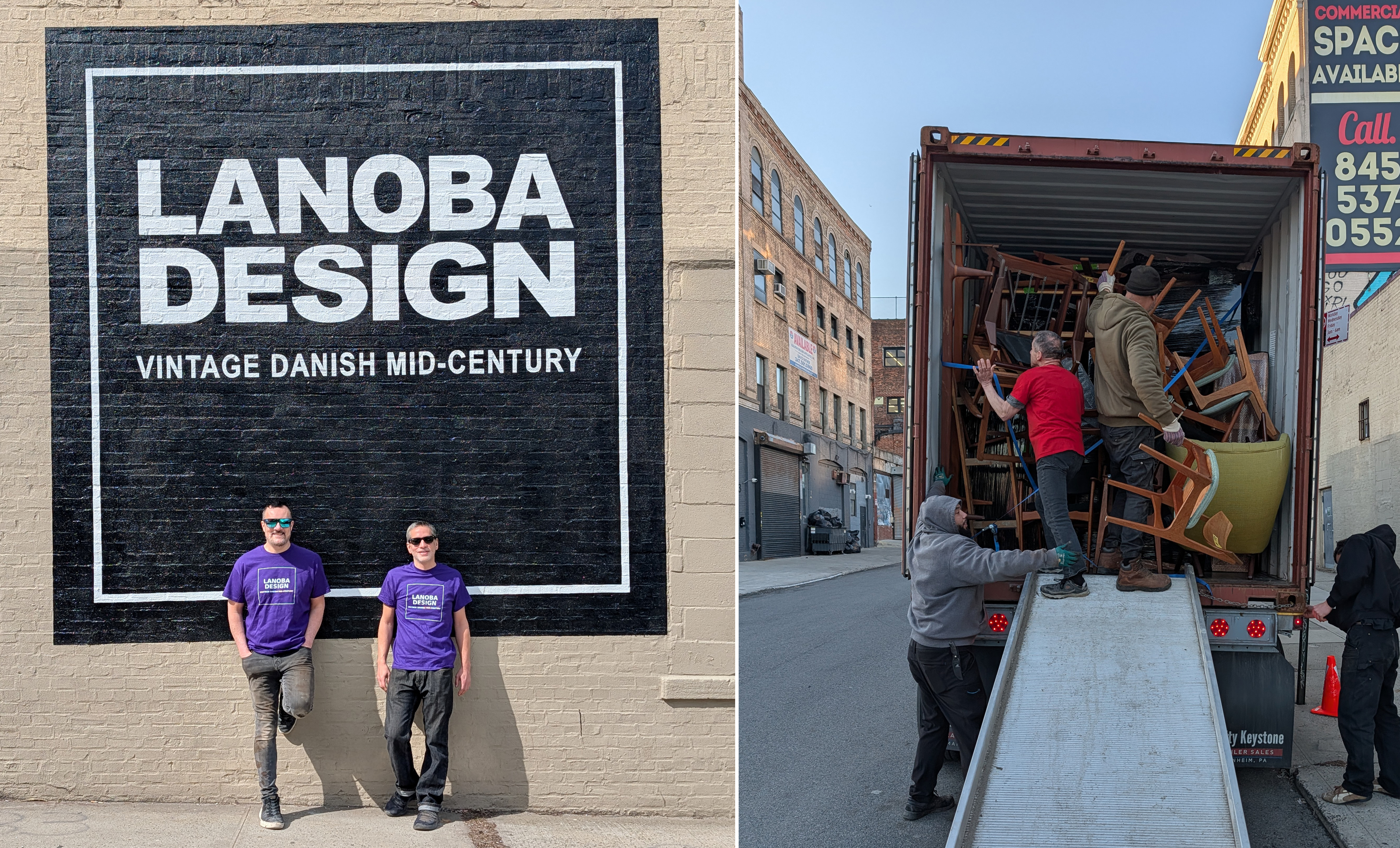 people posing in front of a painted store sign and unloading things from a truck