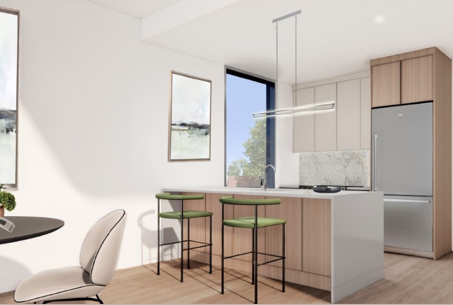 rendering of a kitchen with a peninsula