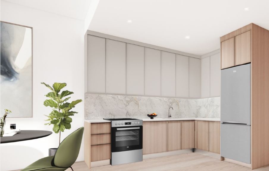 rendering of a kitchen with light colored cabinets