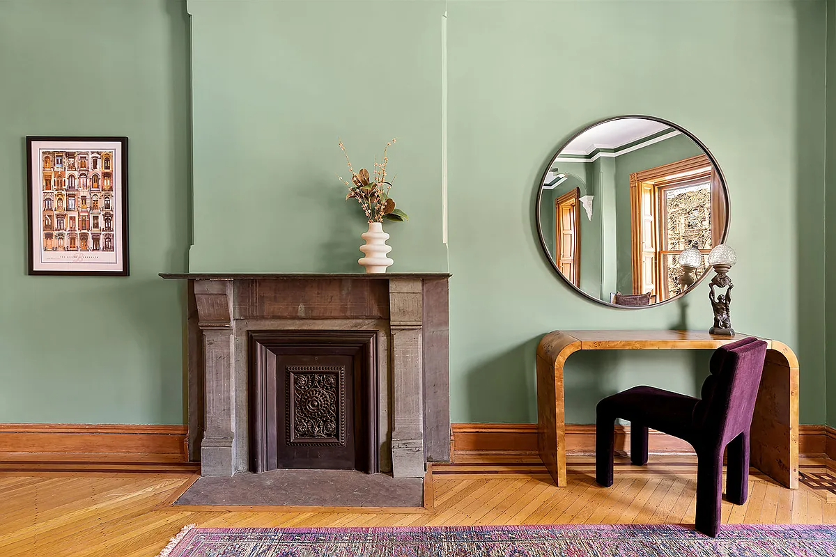 stone mantel with incised ornament