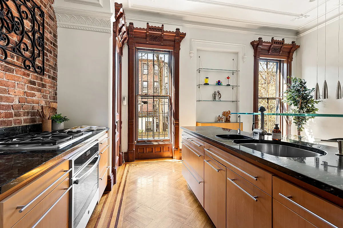kitchen with lower cabinets only, original moldings