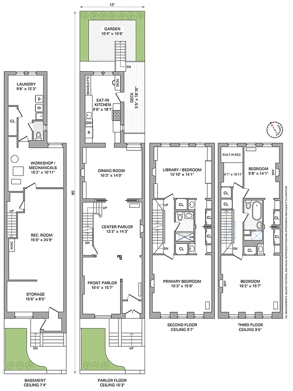 floorplan showing parlor level, two floors of bedroom space and a garden level with rec room