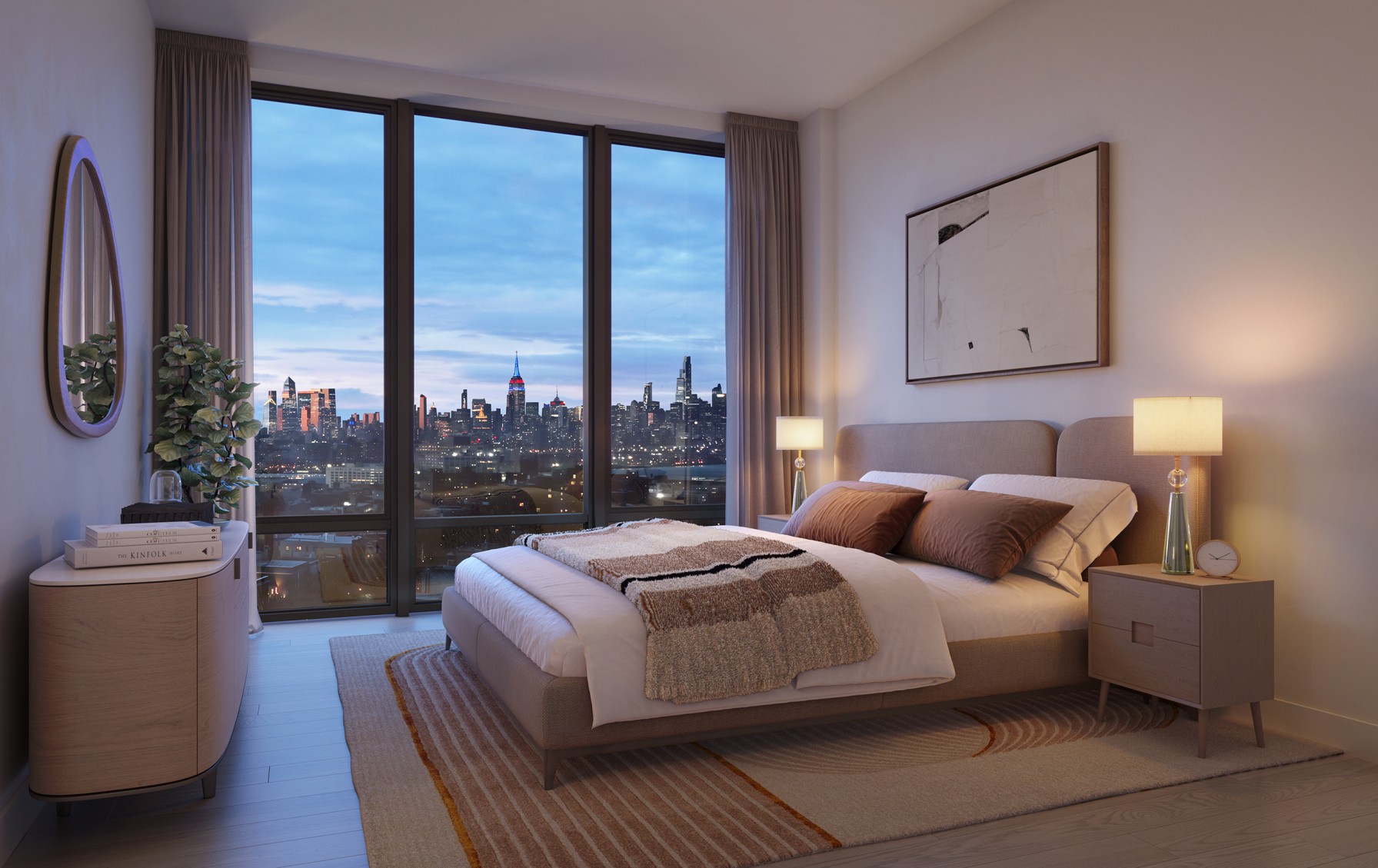 rendering of a bedroom with a view of the empire state building