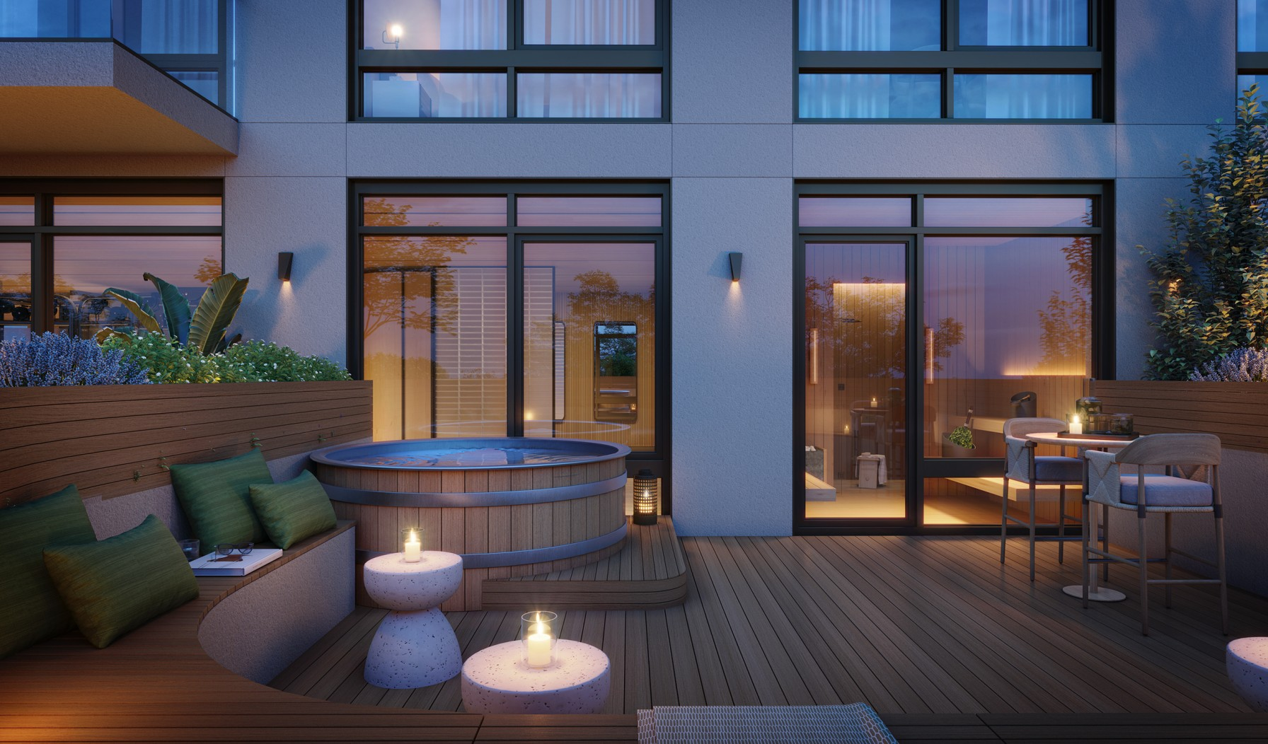night rendering of a roof deck with seating and plantings