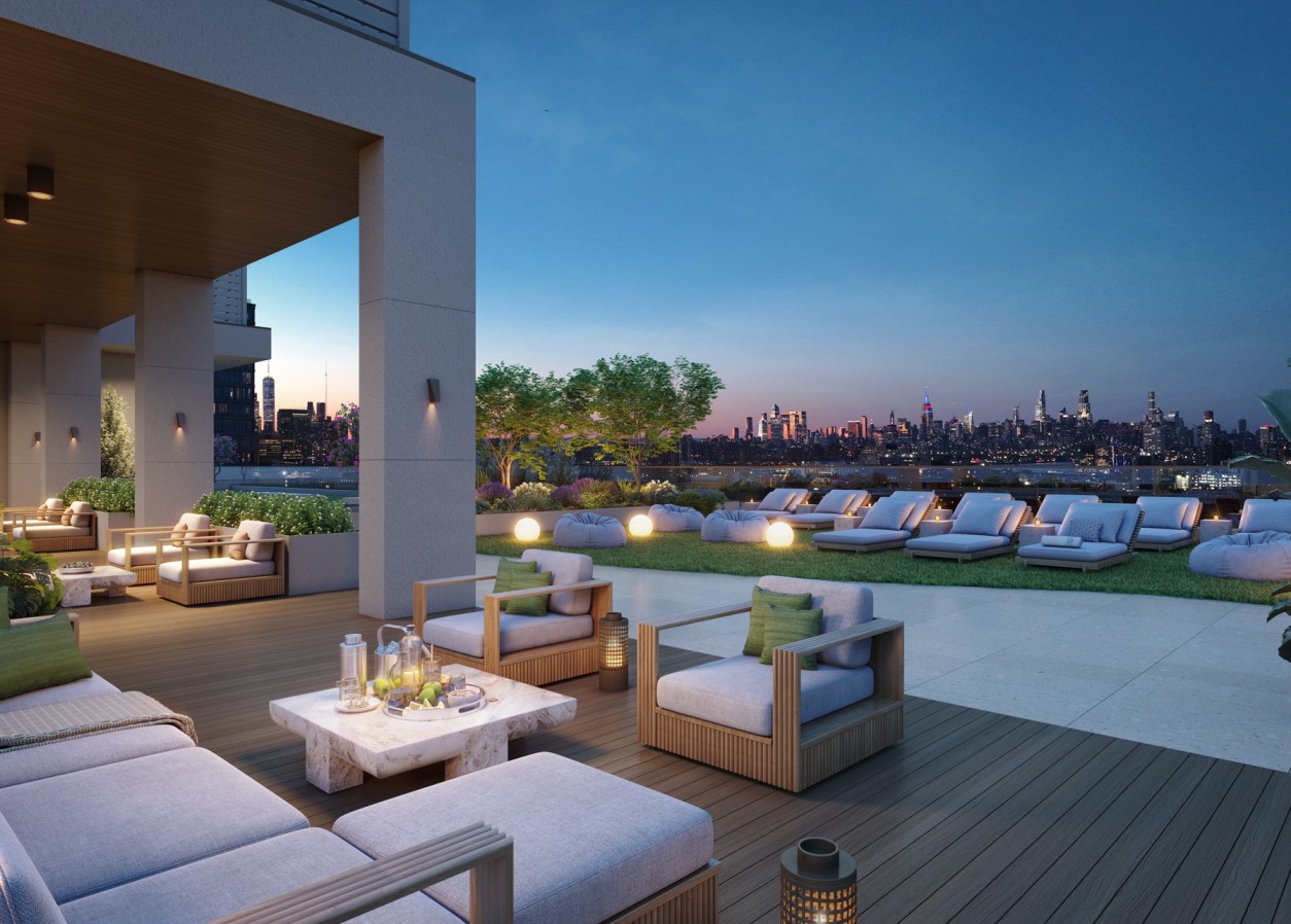 night rendering of the roof deck with lounge ceiling