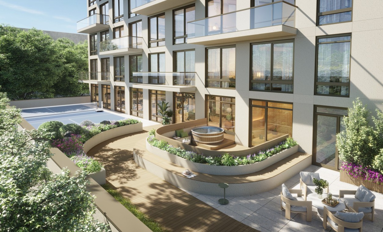 rendering showing landscaping with seating areas