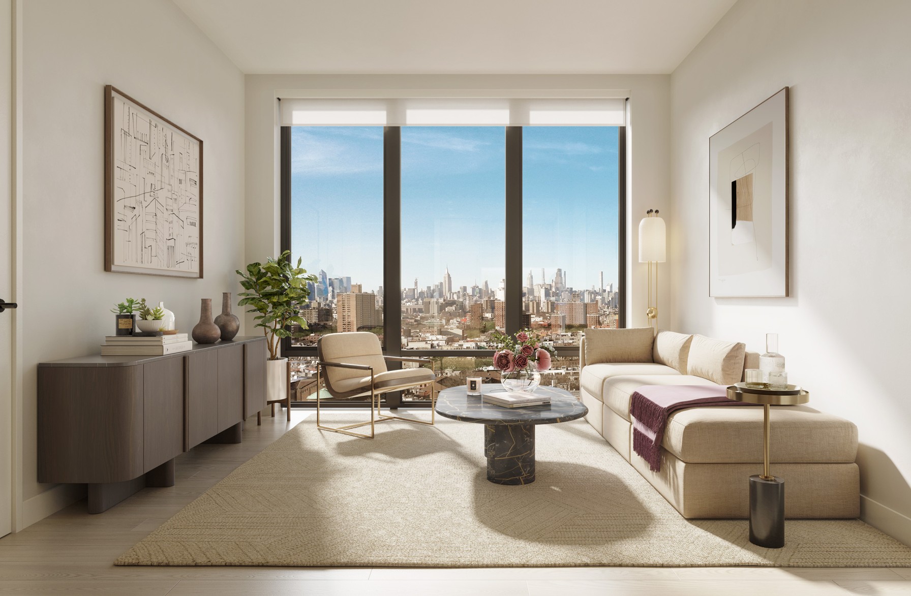 rendering of a living room with pale floor, white walls, and floor to ceiling windows