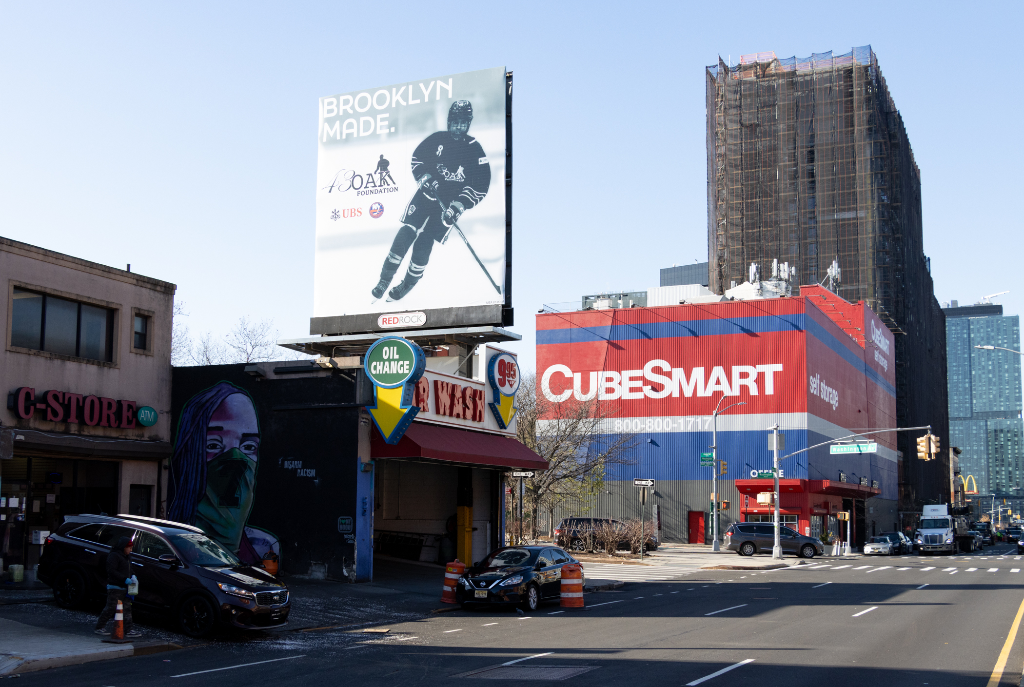 tall building under scaffolding
