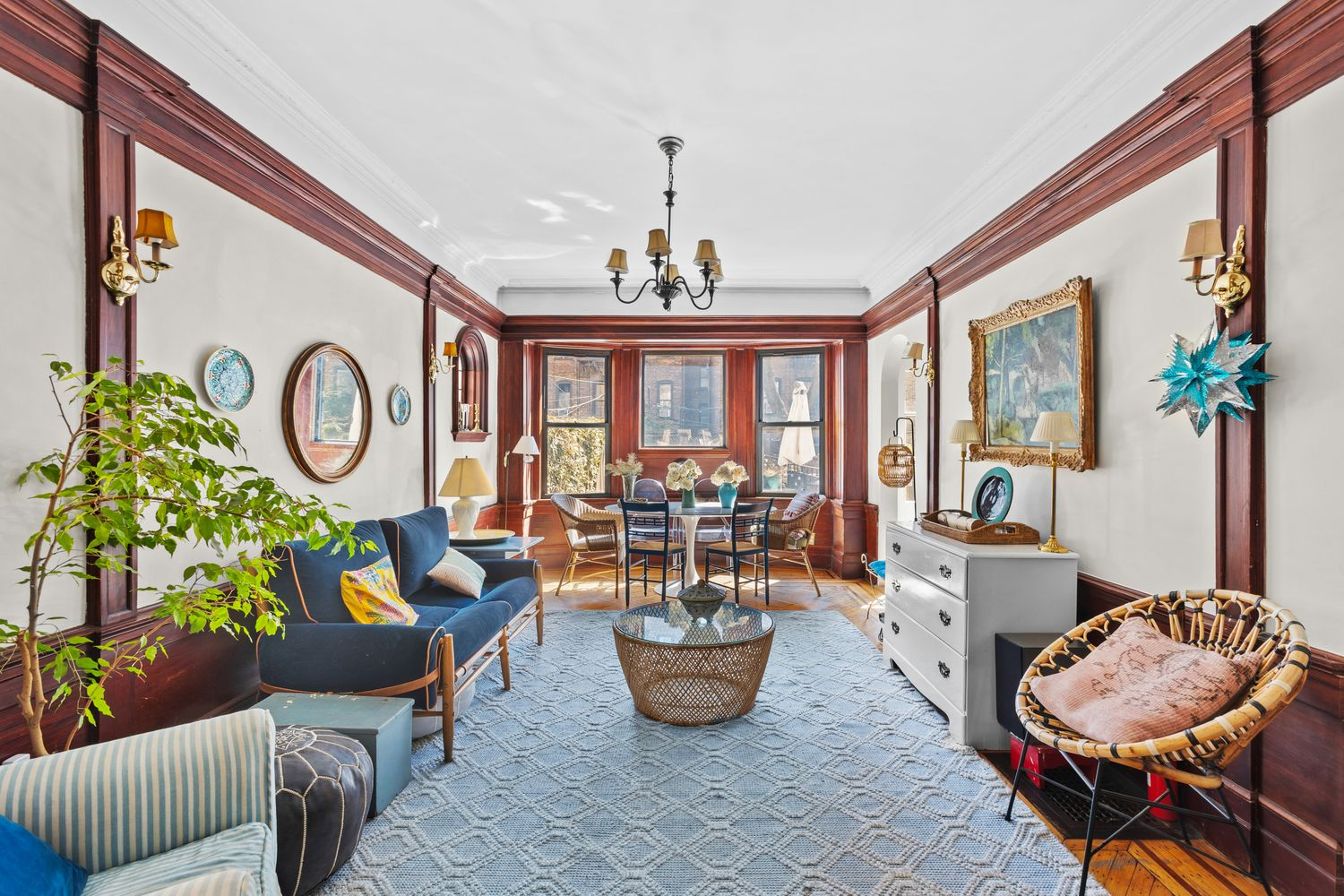 rear parlor with bay window, wainscoting