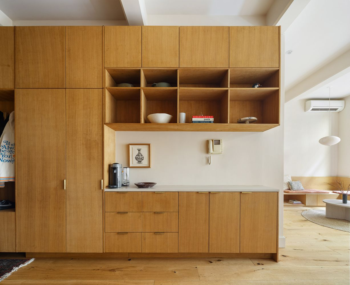 slab front wood cabinets in the kitchen