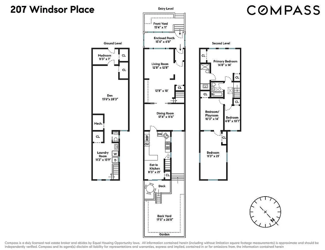 floorplan showing kitchen on main level and three bedrooms and the sleeping porch above