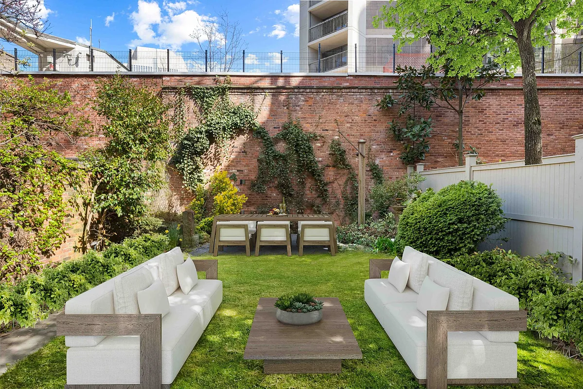 rear yard with virtually staged furniture showing room for seating and dining