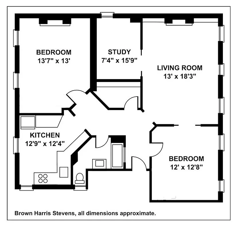 floorplan showing two bedrooms and a study off the living room